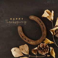 Happy Thanksgiving rustic background for western holiday banner with flat lay of rusty horseshoes and fall leaves. - 645027968