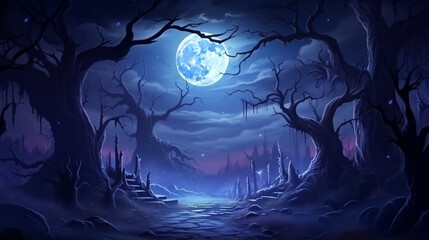 Realistic Halloween background with the creepy landscape of a night sky fantasy forest in the moonlight - obrazy, fototapety, plakaty