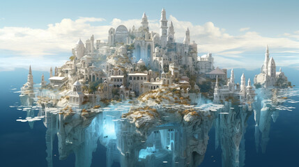 Obraz premium fantasy city over island and mid sea close up view of fish, generative ai