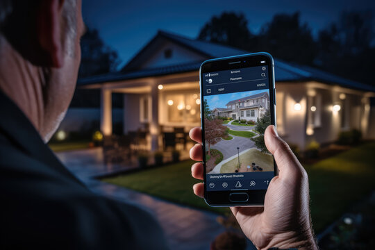 A person remotely monitoring their home security cameras on a smartphone to ensure safety. Generative Ai.