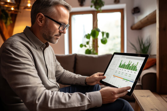 A person checking their home's energy consumption data on a tablet, promoting eco-friendly habits. Generative Ai.
