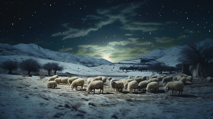 sheep grazing together in the snow on a starry night