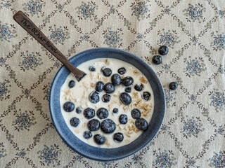 Yogurt Granola Bowl With Blueberry. Toned Image, Healthy Breakfast.
