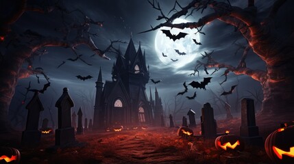 Fototapeta na wymiar Halloween night illustration with dark castle cemetery