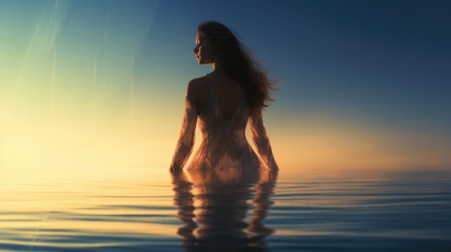 Woman in Yoga Full Body Backlit Pose in the breath taking Ocean. Generative AI image weber.