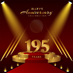 195th anniversary logo with numbers and podium in gold color, logo design for celebration event, invitation, greeting card, banner, poster, and flyer, vector template