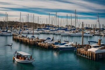 Fototapeta na wymiar A bustling harbor with sailboats and seagulls