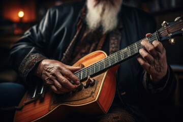 Obraz premium A close-up of a person's hand playing the balalaika, a traditional Russian folk instrument. Generative Ai.