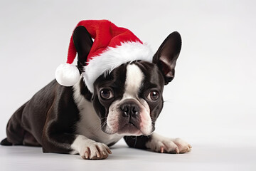 Portrait of Boston terrier dog dressed in Santa Claus hat, costume on white background. Season banner, poster