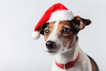 Russel Terriel dog dressed in Santa Claus hat, Christmas costume on white background. Season banner, poster