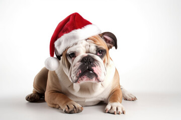 Obraz premium Bulldog dog dressed in Santa Claus hat, Christmas costume on white background. Season banner, poster