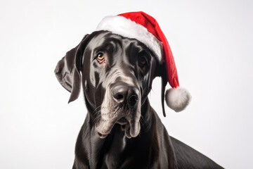 Portrait of Great Dane dog dressed in Santa Claus hat, costume on white background. Season banner, poster