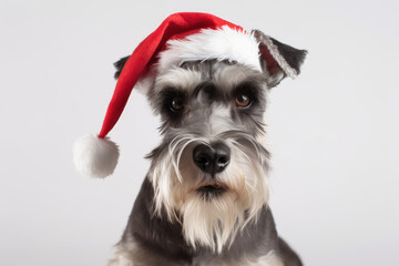 Portrait of Miniature Schnauzer dog dressed in Santa Claus hat, costume on white background. Season banner, poster