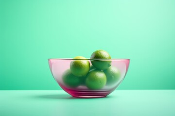 Limes in a glass bowl on a mint green background. Minimal concept. Healthy citrus winter seasonal fruit, vitamin C rich - generative AI