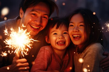 Glowing family enjoying a festive night, smiling and bonding, surrounded by fireworks. - obrazy, fototapety, plakaty