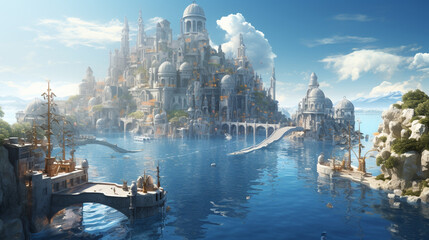 Fototapeta premium fantasy city over island and mid sea close up view of fish, generative ai