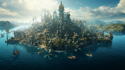 fantasy city over island and mid sea close up view of fish, generative ai - obrazy, fototapety, plakaty