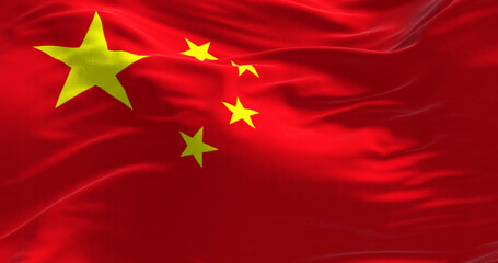 Close-up of national flag of China waving in the wind
