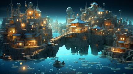 fantasy city over island and mid sea close up view of fish, generative ai