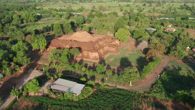 Aerial drone top view preserve history Prasat Prang Si Thep, a World Heritage Site, is located at Si Thep, Si Thep District, Phetchabun.