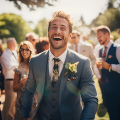 A spontaneous snapshot featuring a delighted bridegroom during an open-air summer wedding, enveloped by the beauty of the natural surroundings. His genuine bliss radiates, encapsulating the spirit of 