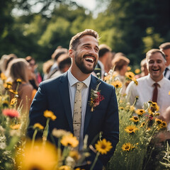A spontaneous snapshot featuring a delighted bridegroom during an open-air summer wedding, enveloped by the beauty of the natural surroundings. His genuine bliss radiates, encapsulating the spirit of  - obrazy, fototapety, plakaty