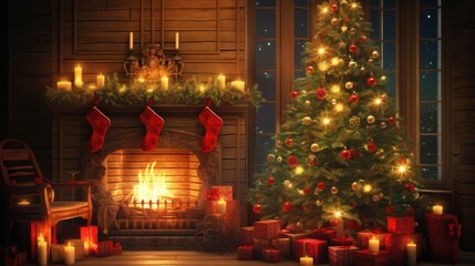 Fototapeta na wymiar Cozy Christmas Celebration with Decorated Tree, Fireplace, and Gifts