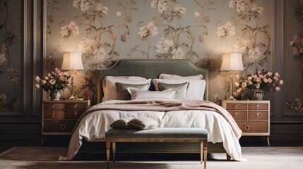 A bedroom featuring Traditional Floral Wallpaper with a subtle sheen, creating an air of refined opulence
