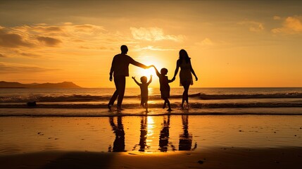 Fototapeta premium Silhouetted Happy Asian Family Playing And Having Fun On The Beach At Sunset. Recreation, relax, holiday, vacant time..