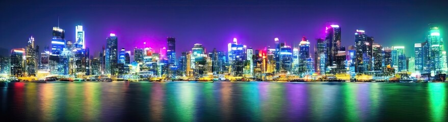 Fototapeta premium Cityscape at night with lights and high buildings reflection in the river 3d rendering, cityscape and high technology concept. Panoramic cityscape background, AI Generated
