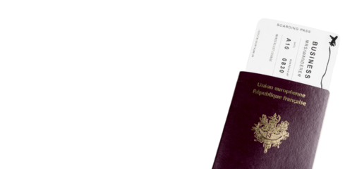 French and European passports alongside a boarding pass, set against a clean white background. Generous space for text and titles, with the added flexibility of transparency
