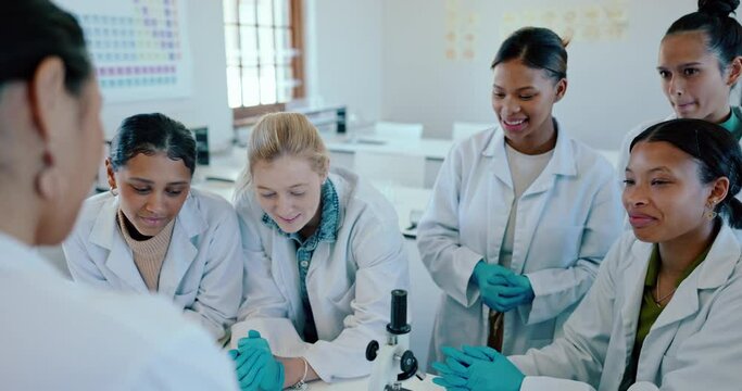 Laboratory, university and professor with students, funny and research with conversation, chemistry and lesson. Teacher, group or academic with higher education, learning or laughing in a classroom