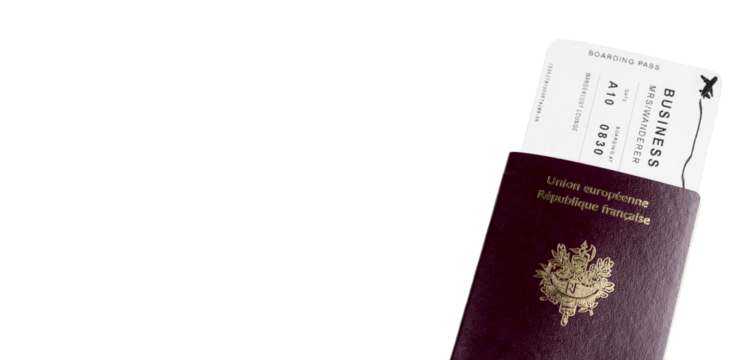 French and European passports alongside a boarding pass, set against a clean white background. Generous space for text and titles, with the added flexibility of transparency - Powered by Adobe