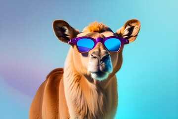 Creative animal concept. Camel in sunglass shade glasses isolated on solid pastel background, commercial,