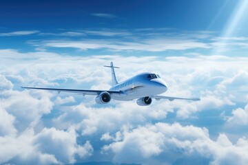 Fototapeta na wymiar Airliner ascending through blue sky among fluffy white clouds.