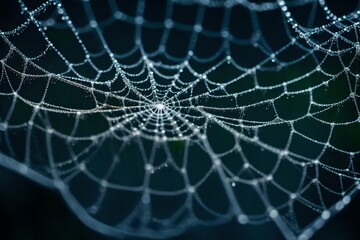A detailed image of a close-up of a dew-covered spiderweb