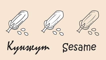 A set of objects depicting a sesame with the inscription "sesame" in Russian and English. Simple vector illustration, eps