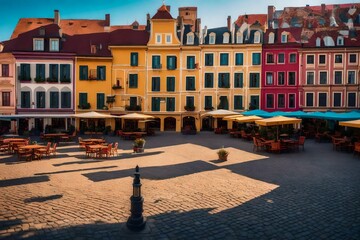 A historic city square into an image of colorful buildings and lively cafes
