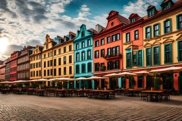 A historic city square into an image of colorful buildings and lively cafes