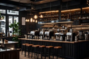 A modern coffee shop with baristas preparing drinks