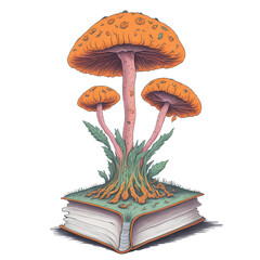 watercolor mushroom growing out of a book, halloween editionon a white background.. Image created using artificial intelligence.