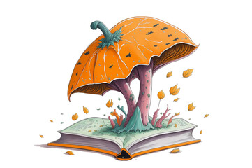 watercolor mushroom growing out of a book, halloween editionon a white background.. Image created using artificial intelligence.
