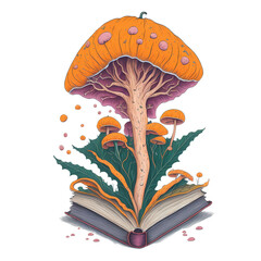 watercolor mushroom growing out of a book, halloween editionon a white background.. Image created using artificial intelligence.