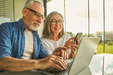 Portrait of happy senior married couple solving issues by internet at home - 645033750