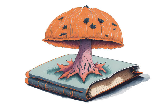 watercolor mushroom growing out of a book, halloween editionon a white background.. Image created using artificial intelligence.