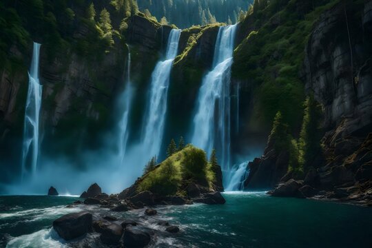 A rendered picture of a towering waterfall cascading down a cliff