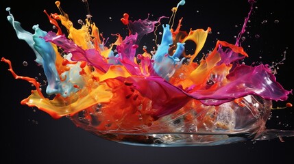 A burst of colored liquid emerging from a shattered glass, frozen in mid-air like a delicate explosion of color