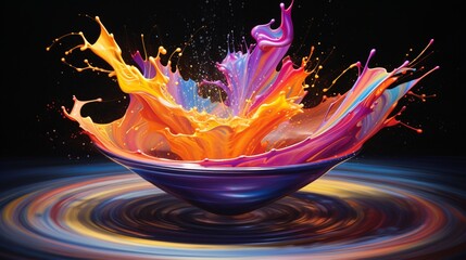 A burst of colored liquid emerging from a gracefully spinning top, painting the air with its vibrant motion