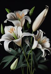 Several white lily flowers on a black background. AI Generated