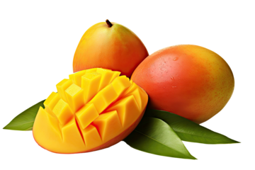 Ripe yellow Mango with half slices isolated on transparent background, ripe tropical natural fruit concept, Healthy food with high of vitamin and minerals. Freshness of juicy fruit.